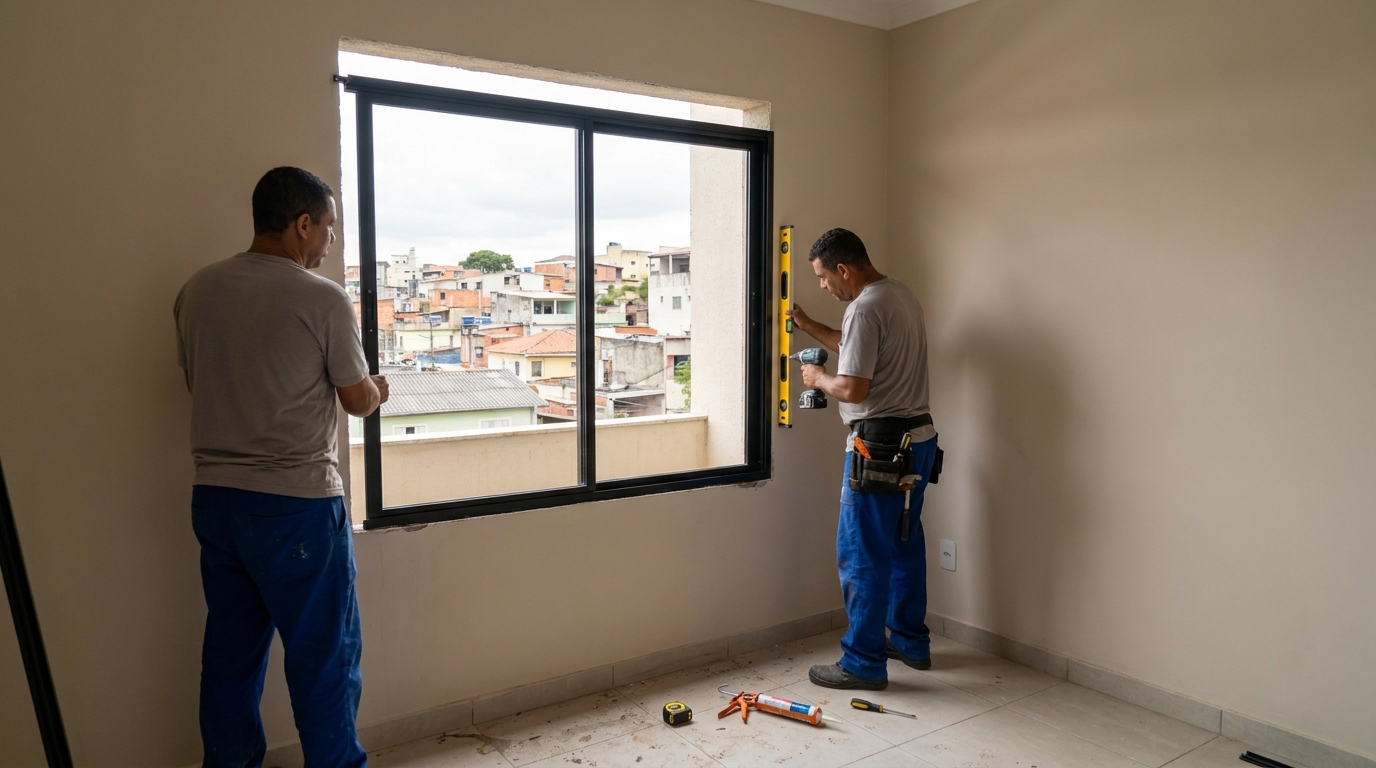 Esquadria de alumínio em quarto bege em Campina Grande-PB