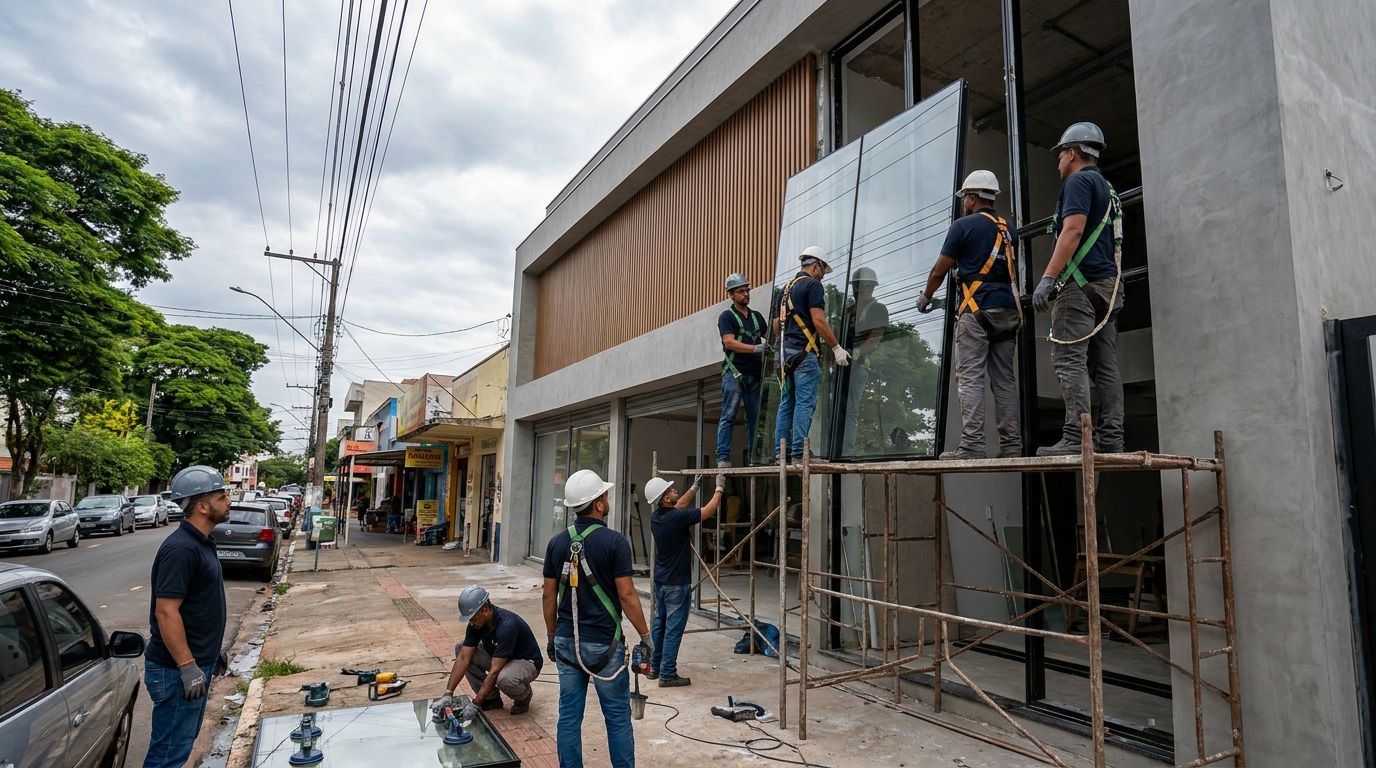 Fachada de vidro com andaime lateral em Campina Grande-PB