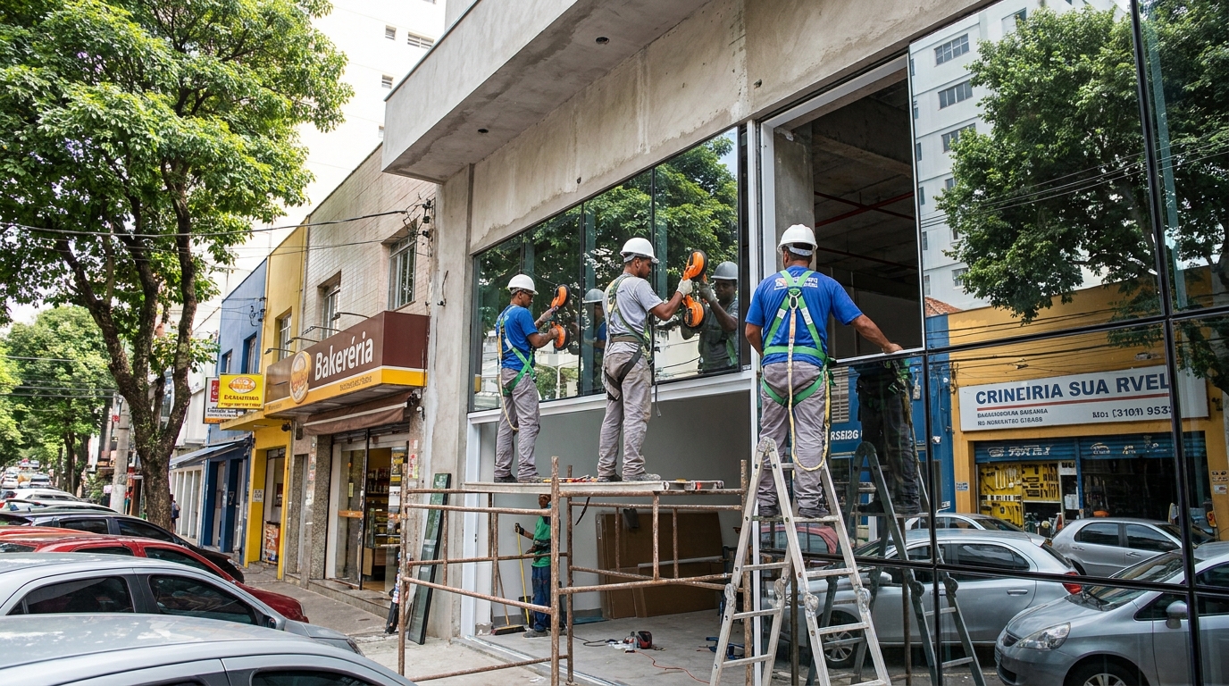 Fachada de vidro com confeitaria vizinha em Campina Grande-PB