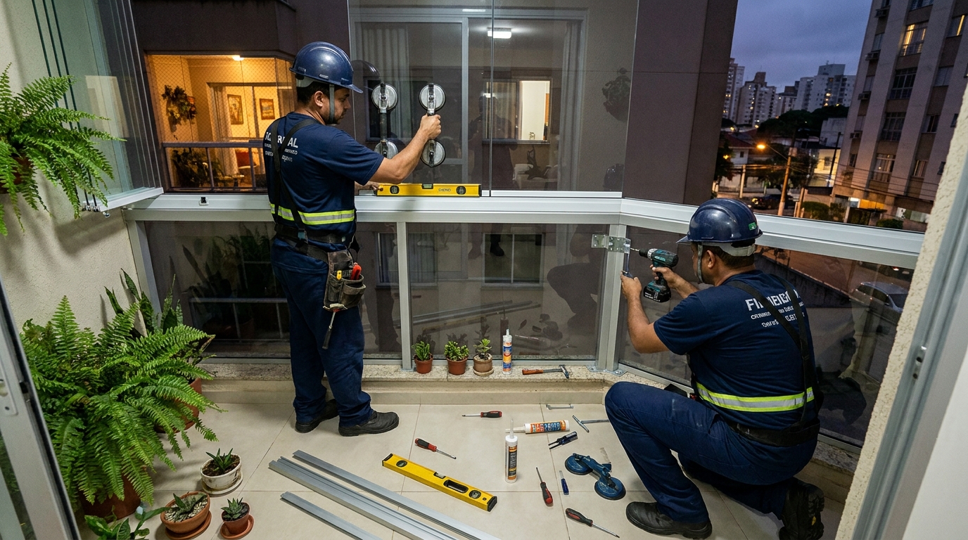 Instalação noturna de parede de vidro em Campina Grande-PB