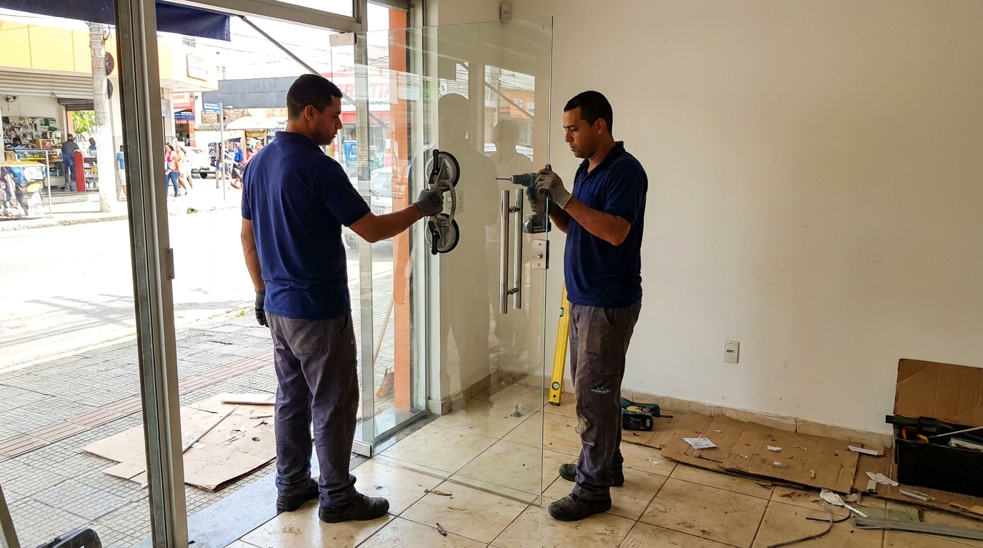 Porta de vidro de loja em rua movimentada em Campina Grande-PB